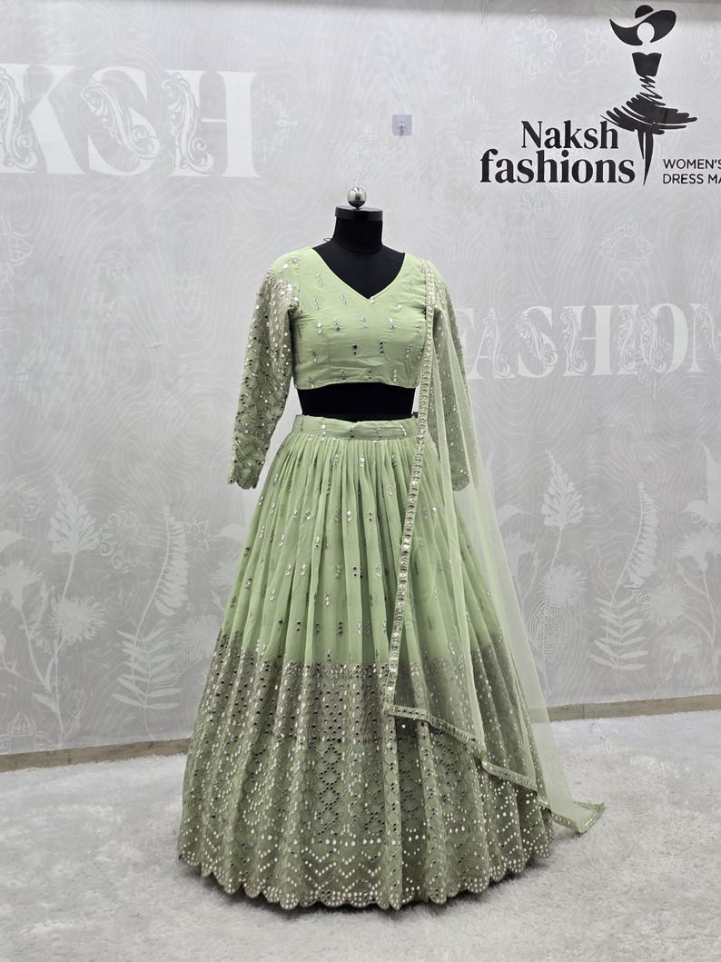 Lehenga Choli, Pista Green Georgette Bridal Outfit, Wedding Gift for Bridesmaid or Bride image 8