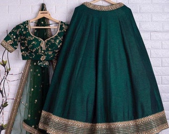 Green Phantom Silk Lehenga Choli With Embroidery With Sequence Work And Soft Net Dupatta For Women , Green lehenga Choli