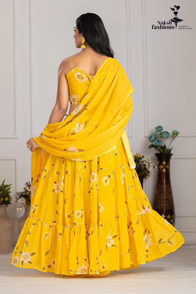 Printed Blue Georgette Lehenga Choli: Floral Work, Samosa Lace Dupatta image 9
