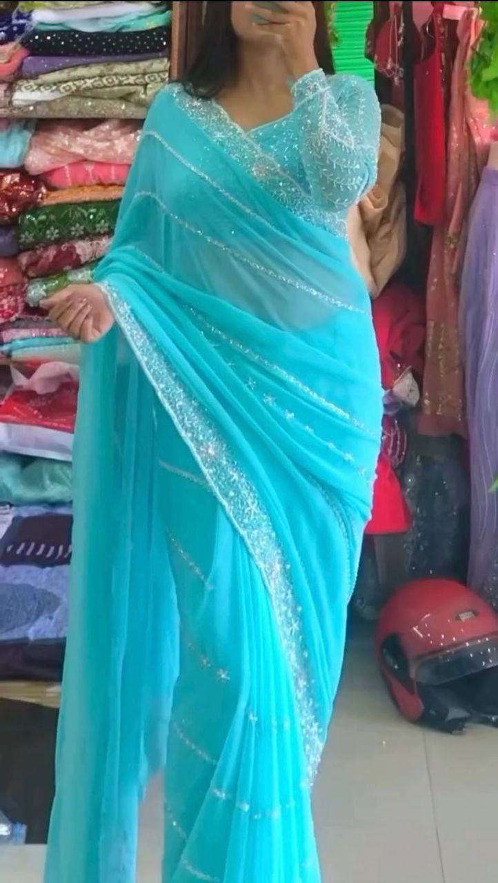 Plain sky blue saree with designer blouse clearance