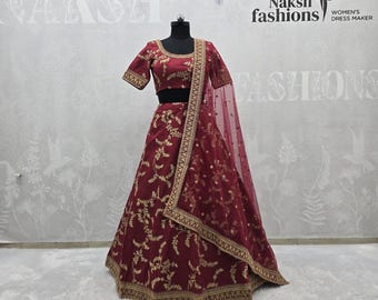 Lehenga Choli de seda con arte granate: bordado de lentejuelas, dupatta de red suave