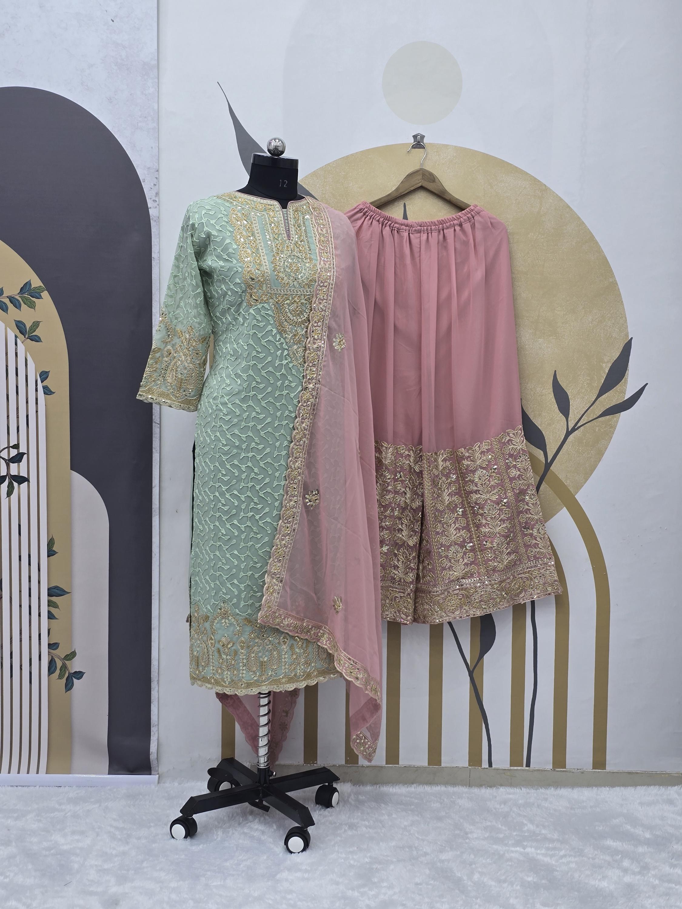 Embroidered Georgette Sharara Suit: Women's Party Palazzo Set