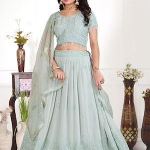 Grey Georgette Lehenga Choli: Heavy Embroidery, Butterfly Net Dupatta
