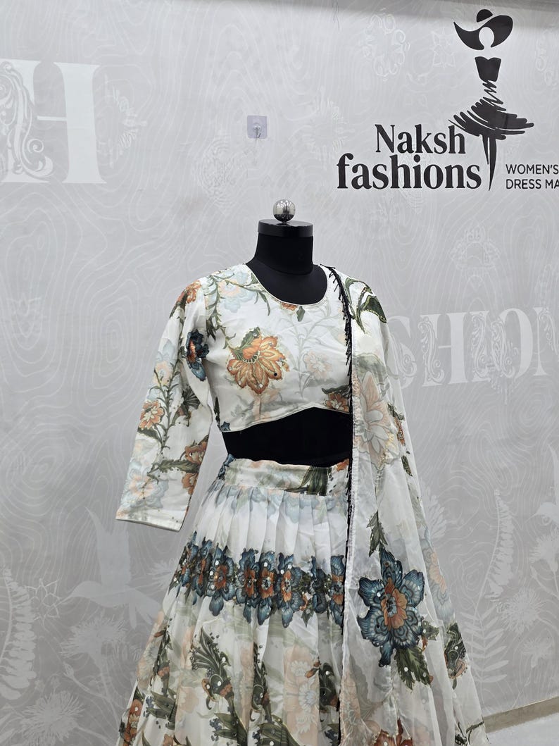 White Tabby Silk Lehenga with Embroidered Blouse, Weddings & Festivals, Elegant Gift for Bridesmaids image 6