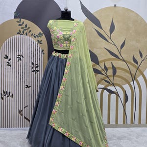 Grey Georgette Lehenga Choli With Embroidery And Sequence Work Blouse With Georgette Less Border Dupatta For Women, Bridesmaid Lehenga