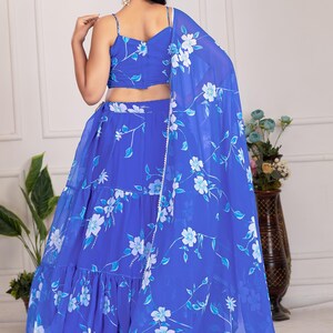 Printed Blue Georgette Lehenga Choli: Floral Work, Samosa Lace Dupatta image 7