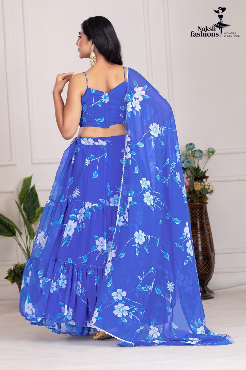 Printed Blue Georgette Lehenga Choli: Floral Work, Samosa Lace Dupatta image 7