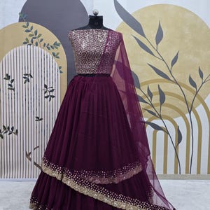 Wine Georgette Lehenga Choli: Embroidery Sequence Work, Net Dupatta