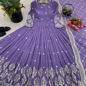 Party Wear Purple Georgette Gown With Embroidery Sequence Work And Dupatta For Women, Long Flared Dress, Designer Dress, Bridesmaid Outfit image 7