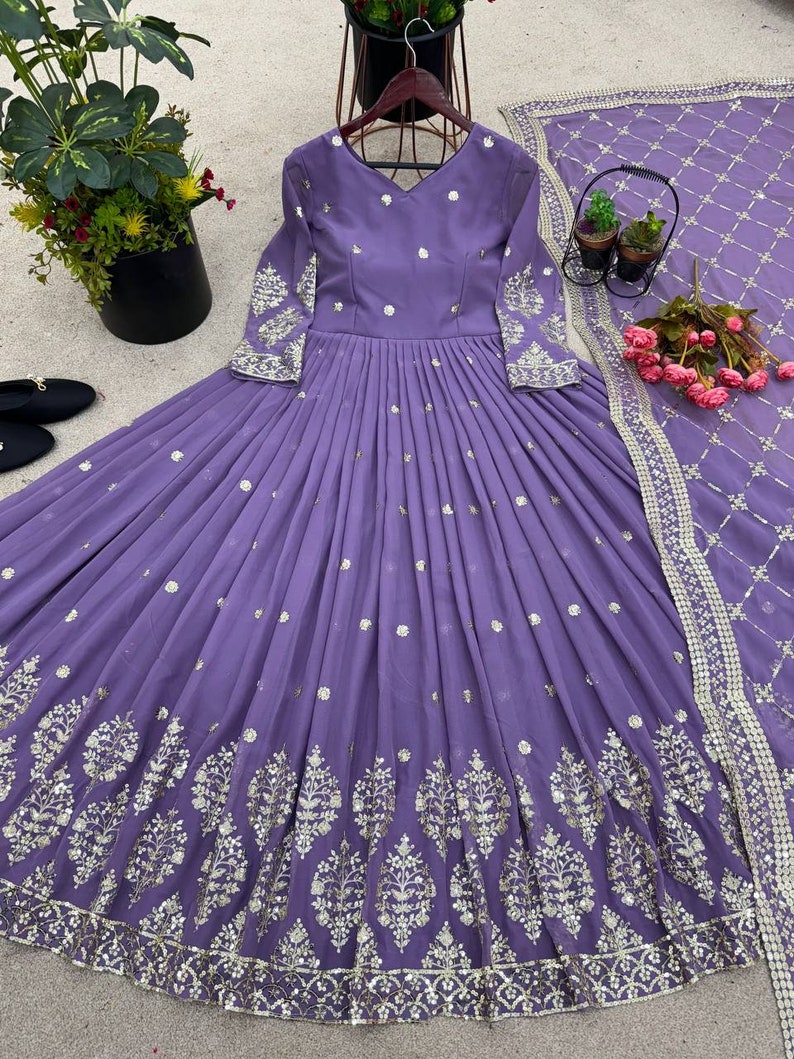 Party Wear Purple Georgette Gown With Embroidery Sequence Work And Dupatta For Women, Long Flared Dress, Designer Dress, Bridesmaid Outfit image 7