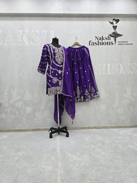 Blue Chinnon Silk Kurta Palazzo Suit: Embroidery Sequence Party Wear