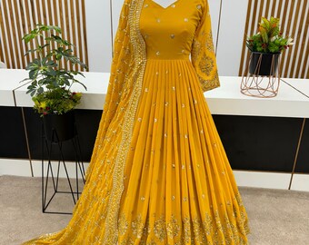 Yellow Georgette Gown With Embroidery Sequence Work And Dupatta For Women, Anarkali Kurti, Long Flared Dress For Wedding, Dress For Wedding