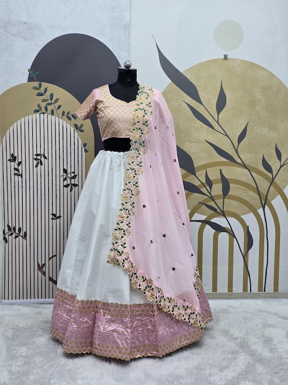 lehenga dress silk Stylish Designer Cream And Pastel Set cutdana and beads work Lavender Satin Silk Sequin &