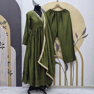 Olive Green Chinnon Silk Gown: Embroidered Pakistani Suit