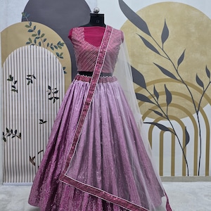 Pink Satin Silk Lehenga Choli: Embroidery Sequence Wedding Party Wear