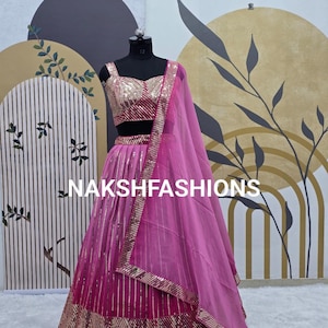 Pink Georgette Lehenga Choli With Sequence Embroidery Work And Georgette Dupatta For Women , Party Wear Lehenga Choli , Bridesmaid Choli