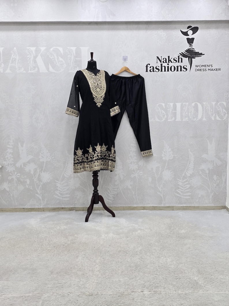Designer Black & Gold Salwar Suit, Heavy Sequins Work Punjabi Suit, Ethnic Dress image 2