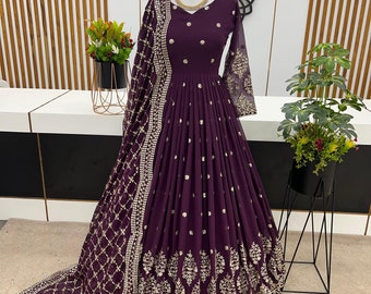 Party Wear Purple Georgette Gown With Embroidery Sequence Work And Dupatta For Women, Long Flared Dress, Designer Dress, Bridesmaid Outfit