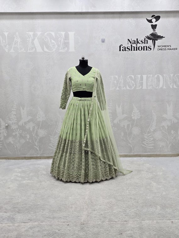 Lehenga Choli, Pista Green Georgette Bridal Outfit, Wedding Gift for Bridesmaid or Bride