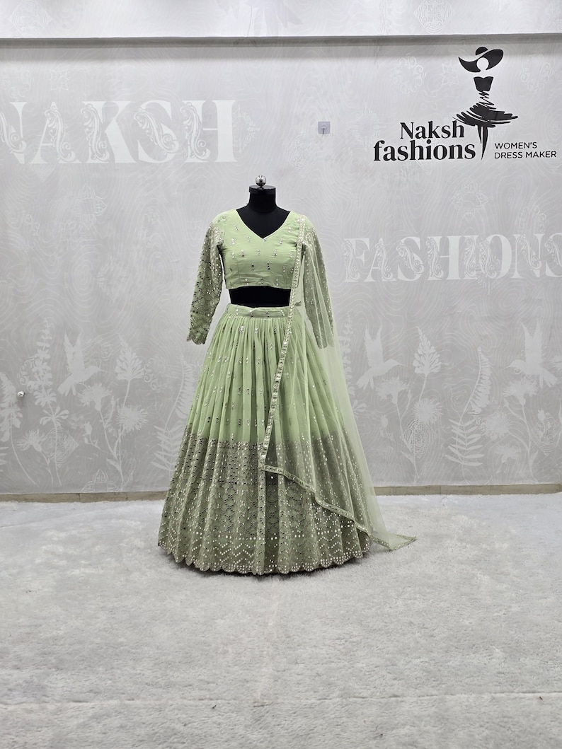 Lehenga Choli, Pista Green Georgette Bridal Outfit, Wedding Gift for Bridesmaid or Bride image 1