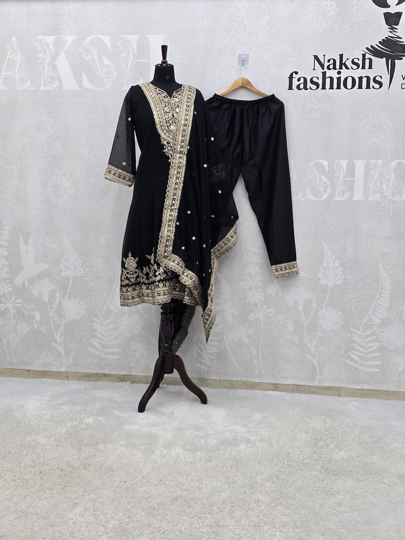Designer Black & Gold Salwar Suit, Heavy Sequins Work Punjabi Suit, Ethnic Dress image 9