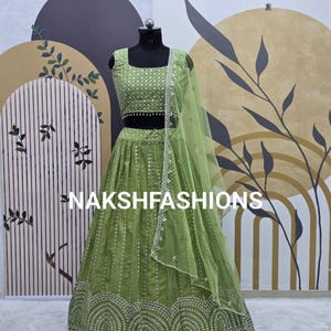 Olive Green Georgette Lehenga Choli: Heavy Embroidery Sequence Work