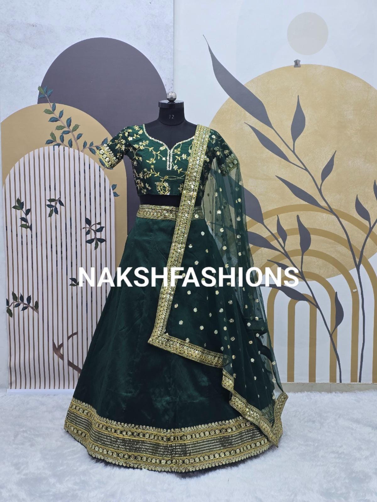 Green Phantom Silk Lehenga Choli: Embroidery & Sequence Work, Net Dupatta