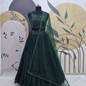 Green Georgette Lehenga Choli: Resham & Sequins Indian Partywear