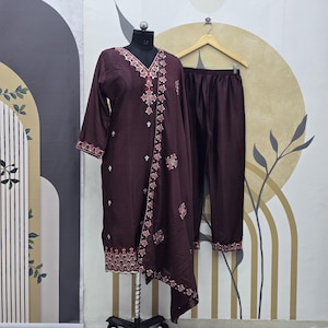 Embroidered Chinnon Silk Kurta Suit: Brown Salwar Kameez with Dupatta