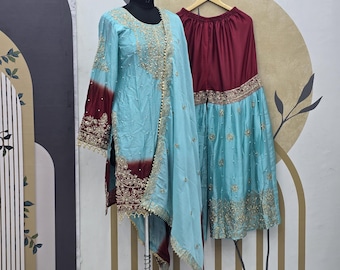 Sky Blue Chinnon Silk Palazzo Set: Embroidered Indian Wedding Outfit