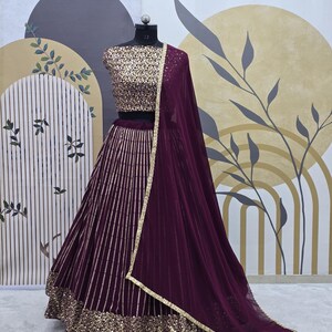 Wine Georgette Lehenga Choli With Embroidery Sequence Work Blouse With Georgette Less Border Dupatta For Women, Bridesmaid Lehenga