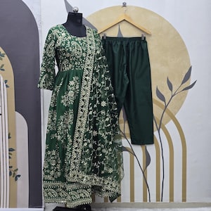 Green Chinnon Silk Anarkali Gown: Sequence Embroidery Indian Dress