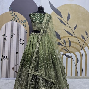 Green Chinon Lehenga Choli: Sequence Embroidery, Soft Net Dupatta