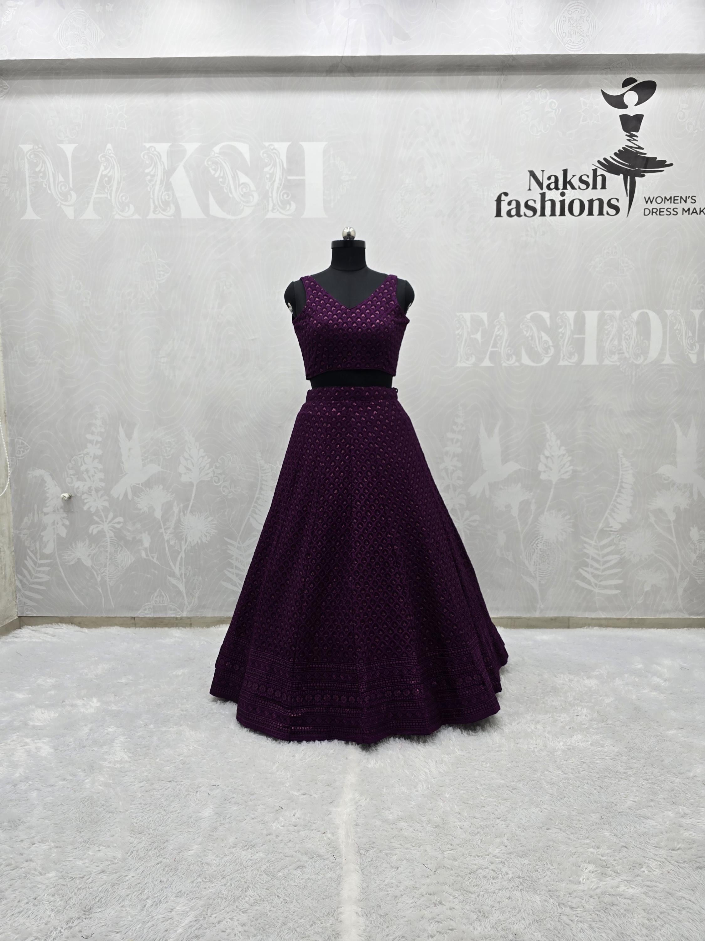 ワインジョーゼットレヘンガチョリブライダルパーティーウェア