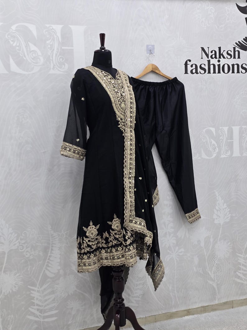 Designer Black & Gold Salwar Suit, Heavy Sequins Work Punjabi Suit, Ethnic Dress image 7