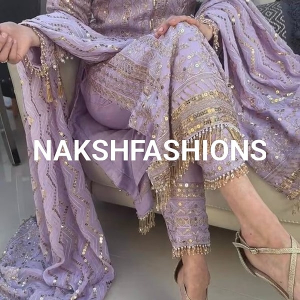 Wedding Wear Lilac Georgette Salwar Kameez With Embroidery Sequence Work And Georgette Dupatta For Women, Party Wear Suit, 3 Piece Suit