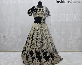 Lehenga Choli de terciopelo azul marino: Zari y bordado con hilo para boda