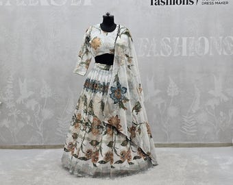 White Tabby Silk Lehenga with Embroidered Blouse, Weddings & Festivals, Elegant Gift for Bridesmaids