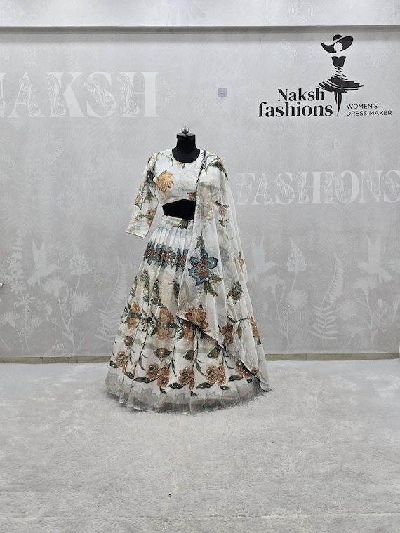 White Tabby Silk Lehenga with Embroidered Blouse, Weddings & Festivals, Elegant Gift for Bridesmaids
