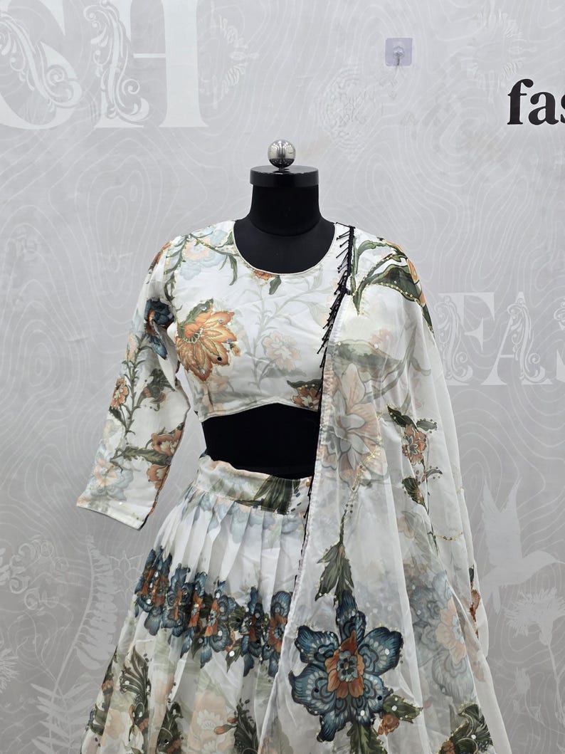 White Tabby Silk Lehenga with Embroidered Blouse, Weddings & Festivals, Elegant Gift for Bridesmaids image 4