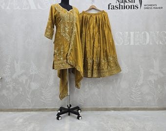 Mustard Yellow Chinnon Silk Sharara Palazzo Set, Embroidered Indian Ethnic Wear