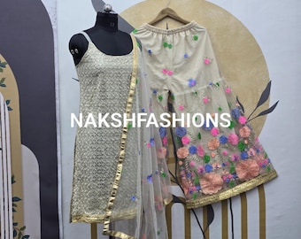 Soft Net Kurta Palazzo With Heavy Embroidery Sequence Work And Soft Butterfly Net Dupatta For Women , Punjabi Suit , Kurta Palazzo Suit