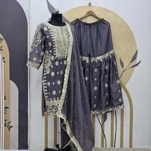 Grey Georgette Palazzo Suit: Women&#39;s Embroidered Party Wear