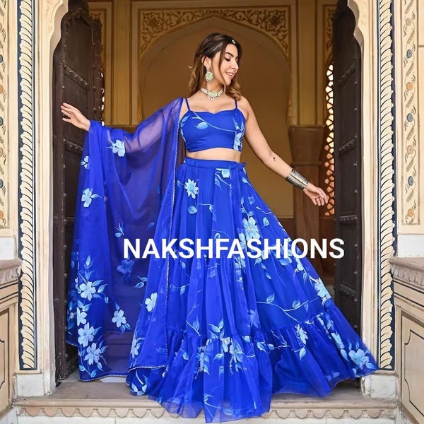 Blue Printed Georgette Lehenga Choli With Floral Printed Work And Simple Georgette Dupatta For Women , Printed Lehenga Choli , Blue Lehenga