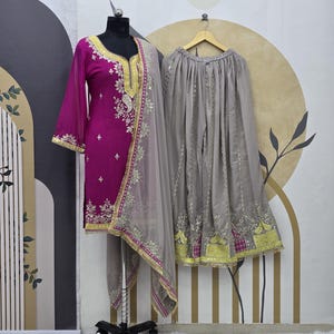 Pink Georgette Sharara Palazzo Suit: Embroidered Indian Wedding Outfit