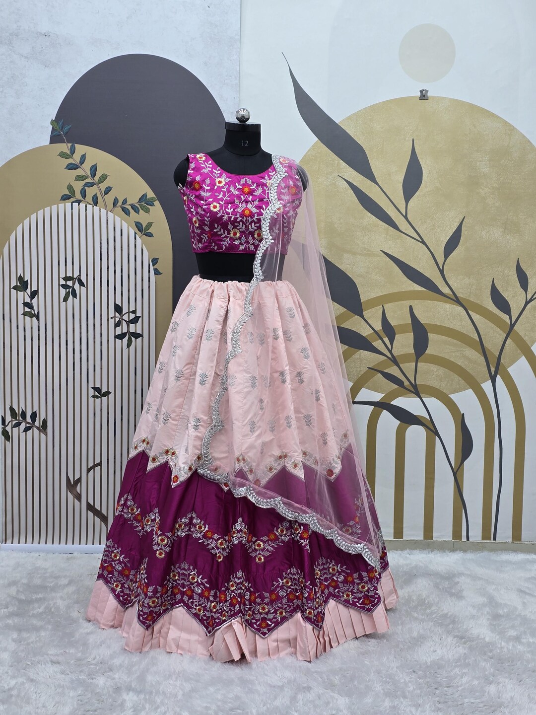 Devanshi Magenta Vichitra Silk Crop Top Lehenga Choli with Jacket