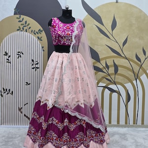 Magenta satin Silk Lehenga Choli With Embroidery And Sequence Work Blouse With Net Less Border Dupatta For Women, Bridesmaid Wedding Lehenga
