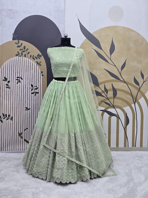 Pista Green Georgette Lehenga Choli | Light Green Sangeet Lengha | Indian Bridesmaid Mehendi Outfit