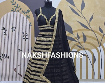 Elegant Black Silk Lehenga with Embroidery, for Weddings & Festive Events , Gift for Bridesmaids