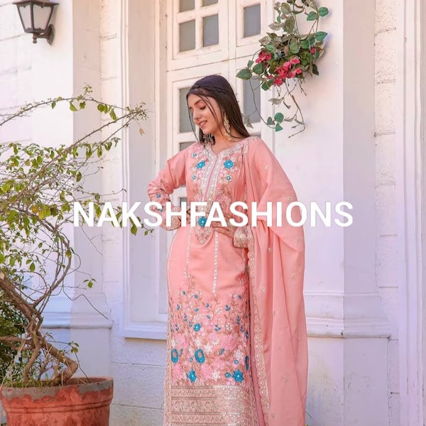 Indian Peach Chinon Silk Salwar Kameez With Embroidery Sequence Work And Heavy Dupatta For Women, Punjabi Suit, Ethnic Dress, Designer Dress